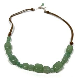 Necklace Jadeite Green Stones Brown Leather 925 Findings 17.5”+4”